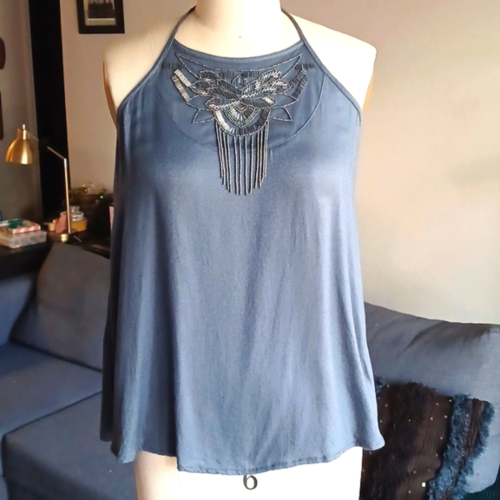 Silver Beaded Grey Suede-Like Tie Back Spaghetti Strap Hollister Tank Top